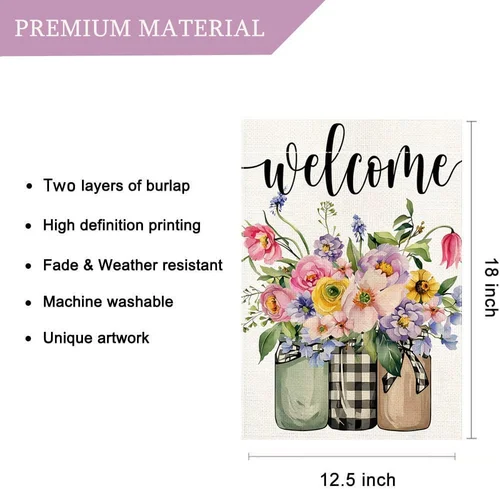 Welcome Spring Floral Garden Flag 12.5 X 18 Inch Decorative Double Sided Burlap HHJ LLG