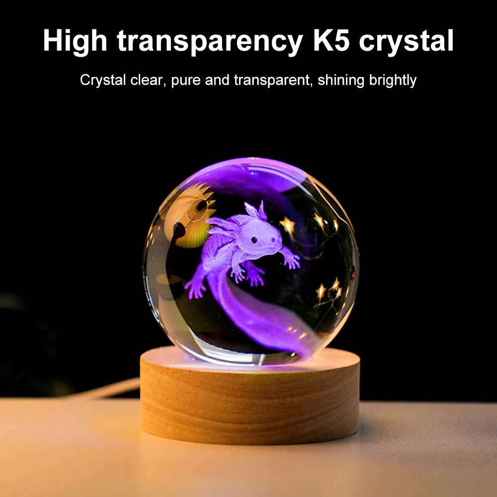 3D Salamander Crystal Ball Coloured Night Light with Wooden Lamp Holder for Children Birthday Gift Home Bedroom Decoration