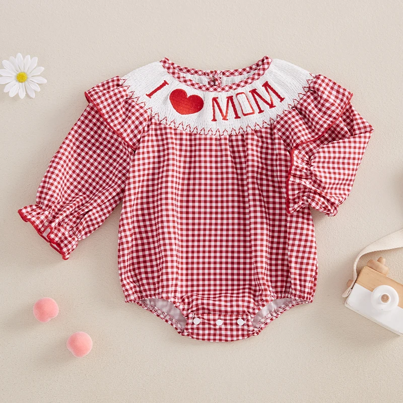 Baby Girls Romper Long Sleeve Crew Neck Letters Plaid Bodysuit Clothes for Casual Daily