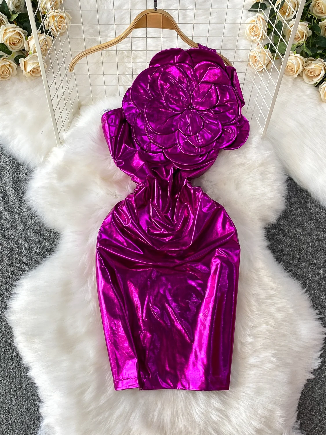 Vestido E com Colar Floral Prateado para Mulheres, Saia Curta Justa com Bordado Pesado, Estilo Coreano de Verão