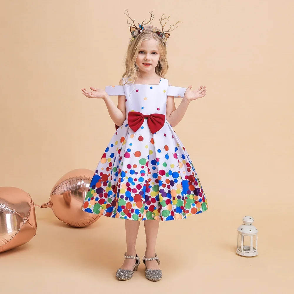 Girls Party Dresses 100cm-130cm Children Christmas Dress Satin Colorful Print Baby Ball Gown Wedding Birthday Vestidos