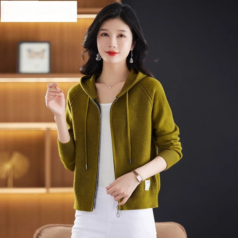 Pull en laine mélangée pour femme, col à capuche, tricoté épais, cardigan zippé avec poche, collection automne-hiver ​ Manteau féminin haut de gamme