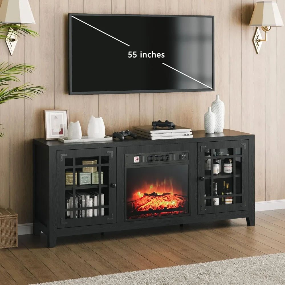

Fireplace TV Stands 58 inches, Entertainment Center for Living Room, Media Console Table with 18'' Electric Fireplace and Glass