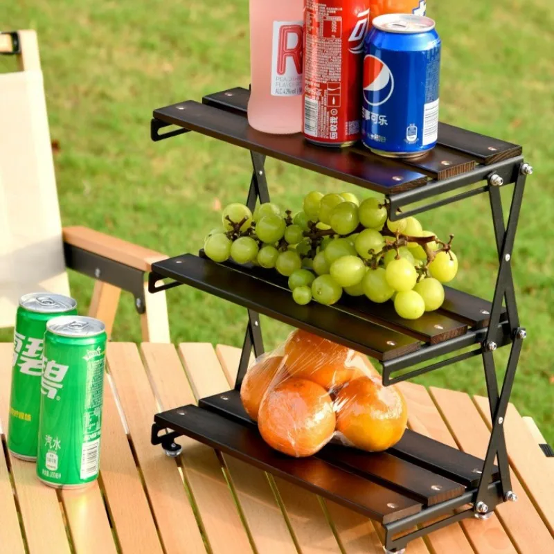 Metal Three Tier Folding Shelf Multifunctional Outdoor Camping Storage Rack Expandable Desktop Folding Wooden Folding Shelf