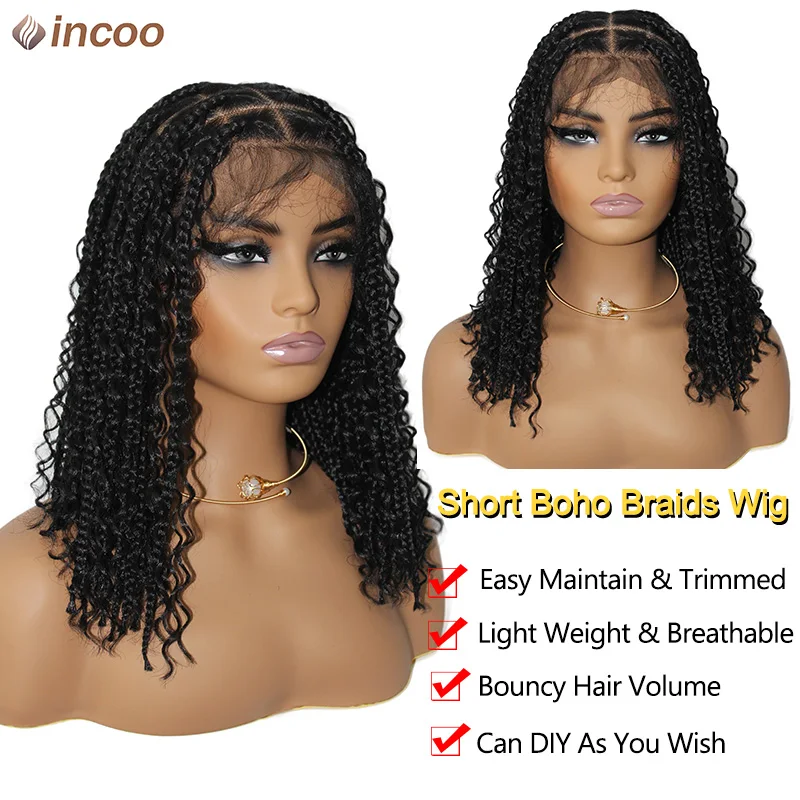 ฤดูร้อนใหม่ถักวิกผม Knotless เต็มลูกไม้ด้านหน้าวิกผม Pre Plucked สังเคราะห์สั้น Boho กล่อง Braid วิกผม Curly End สําหรับผู้หญิงสีดํา