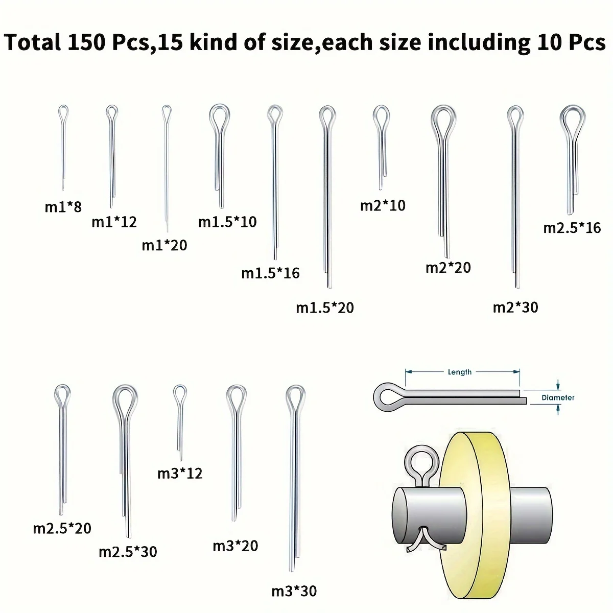 150pcs 304 Stainless Steel Cotter Pin Assortment Kit, Split Pin Fastener Clips Set with Zinc Plated Straight Fastener Clips