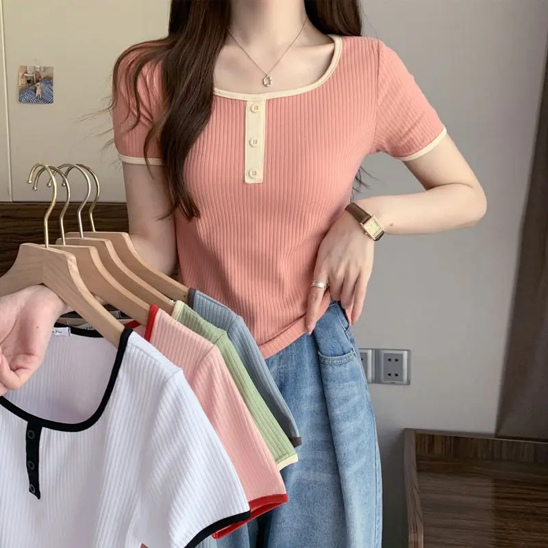 Women Summer Simplicity Elegant Slim Solid Color Square Collar Short Sleeve T-Shirt Women Clothes Casual All-match Trend Top Tee