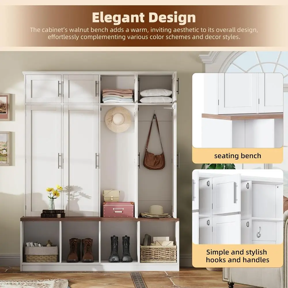 75 High Walnut Storage Bench with Shoe Cabinet and 8 Doors, Mudroom Coat Rack with 4 Hidden Hooks, White image 3