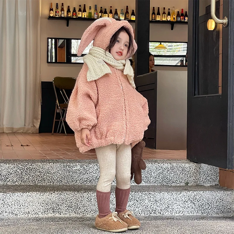 2022 Winter New Girl's Coat Korean Children's Wear Winter Lamb Rabbit Ear Hair Plush Children's Coat