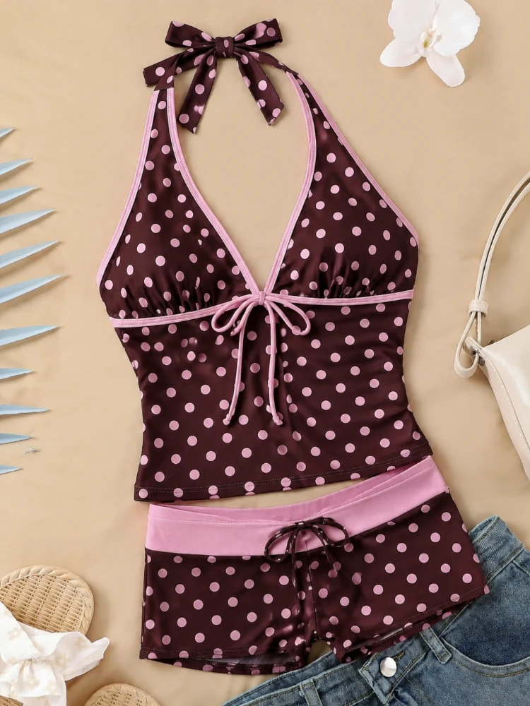 Women's Polka Dot Halter V Neck Bikini Two Piece Set Bodycon Tie Waist Summer Beach Pool Party Bathing Suit Swimwear Outfit