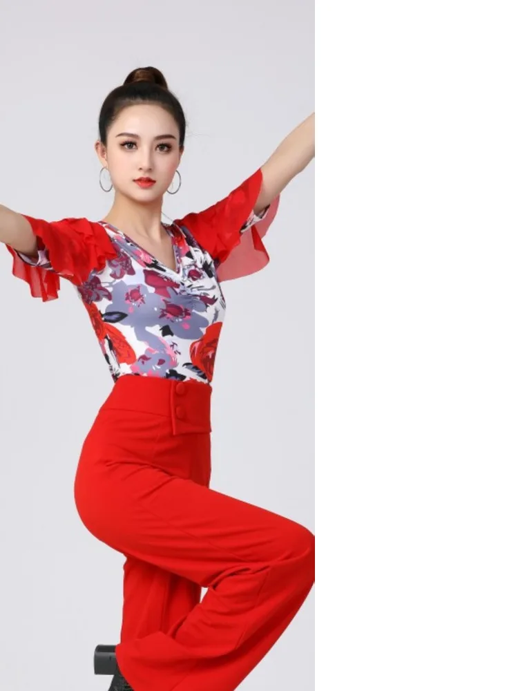 Tie Dye Sexy Costume Women Latin Dance Ruffles Tops European Jazz Middle Sleeves Adult Line Stage Party Kpop Slim Fit Pants