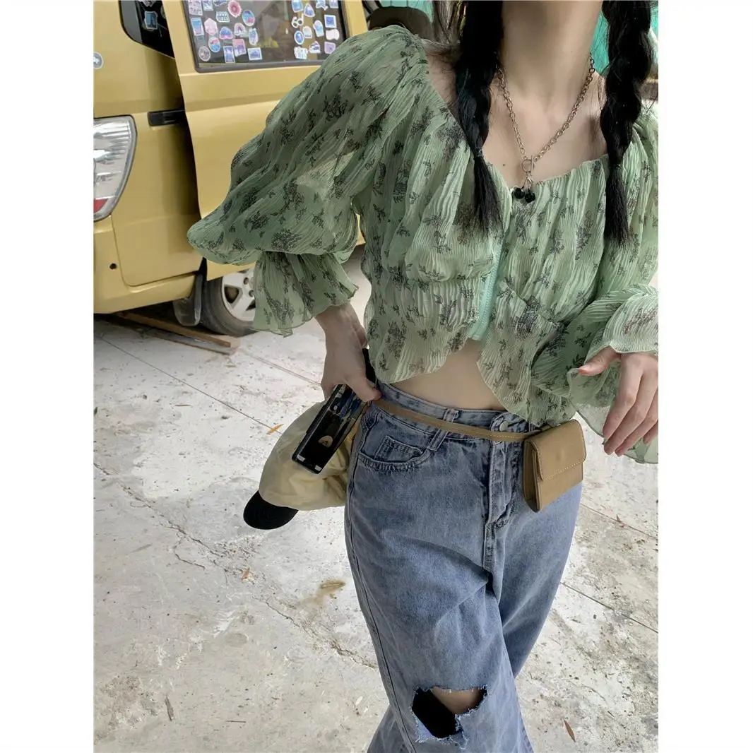 Girl Floral High Waisted Design Short Shirt Long Sleeved Sunscreen Top Shirt