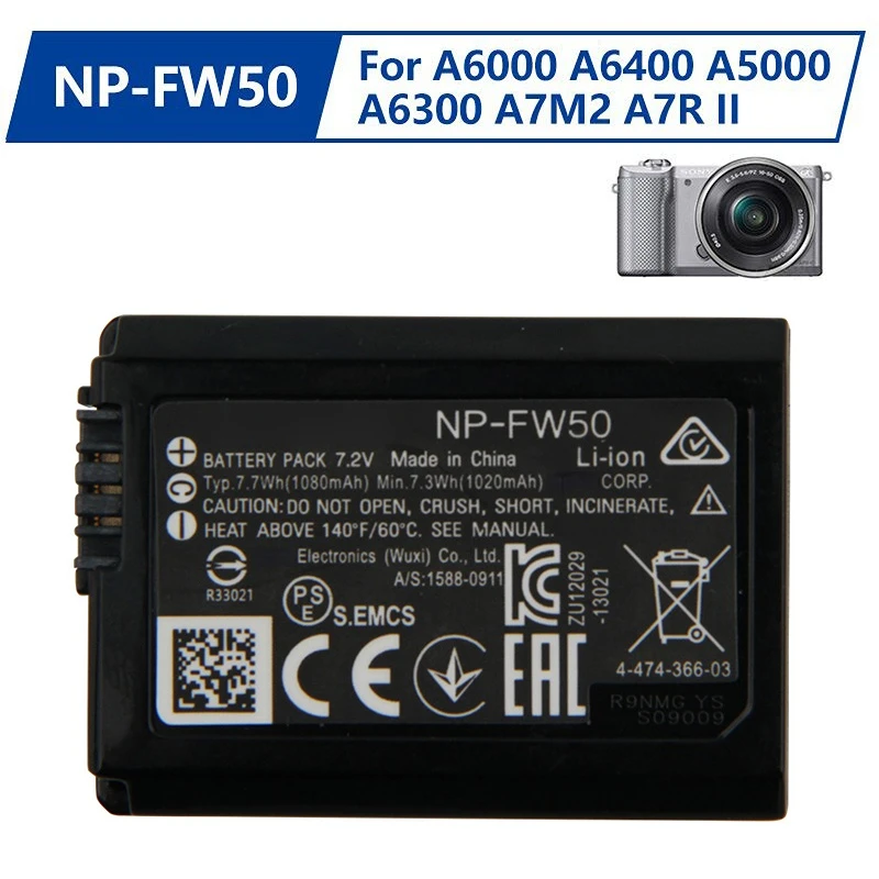 Replacement Sony Battery NP-FW50 For SONY A6000 α6000 A6400 A5000 A6300 A7M2 A7R II 1080mAh Rechargeable Camere Battery