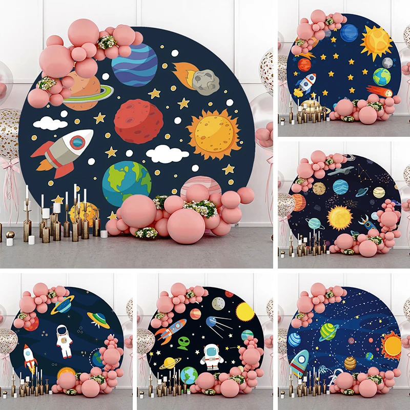 

Planet Birthday Round Backdrop Baby Shower Boys 1st Party Decoration Outer Space Galaxy Astronaut Rocket UFO Circle Background