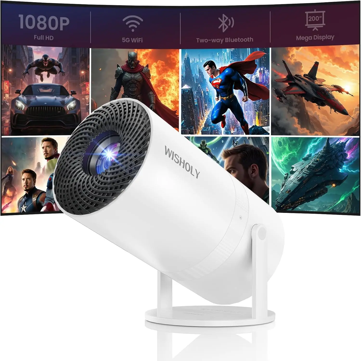 Mini Proyector WiFi Bluetooth, 1080P HD Portátil con 180 °   Llavero vertical giratorio y automático