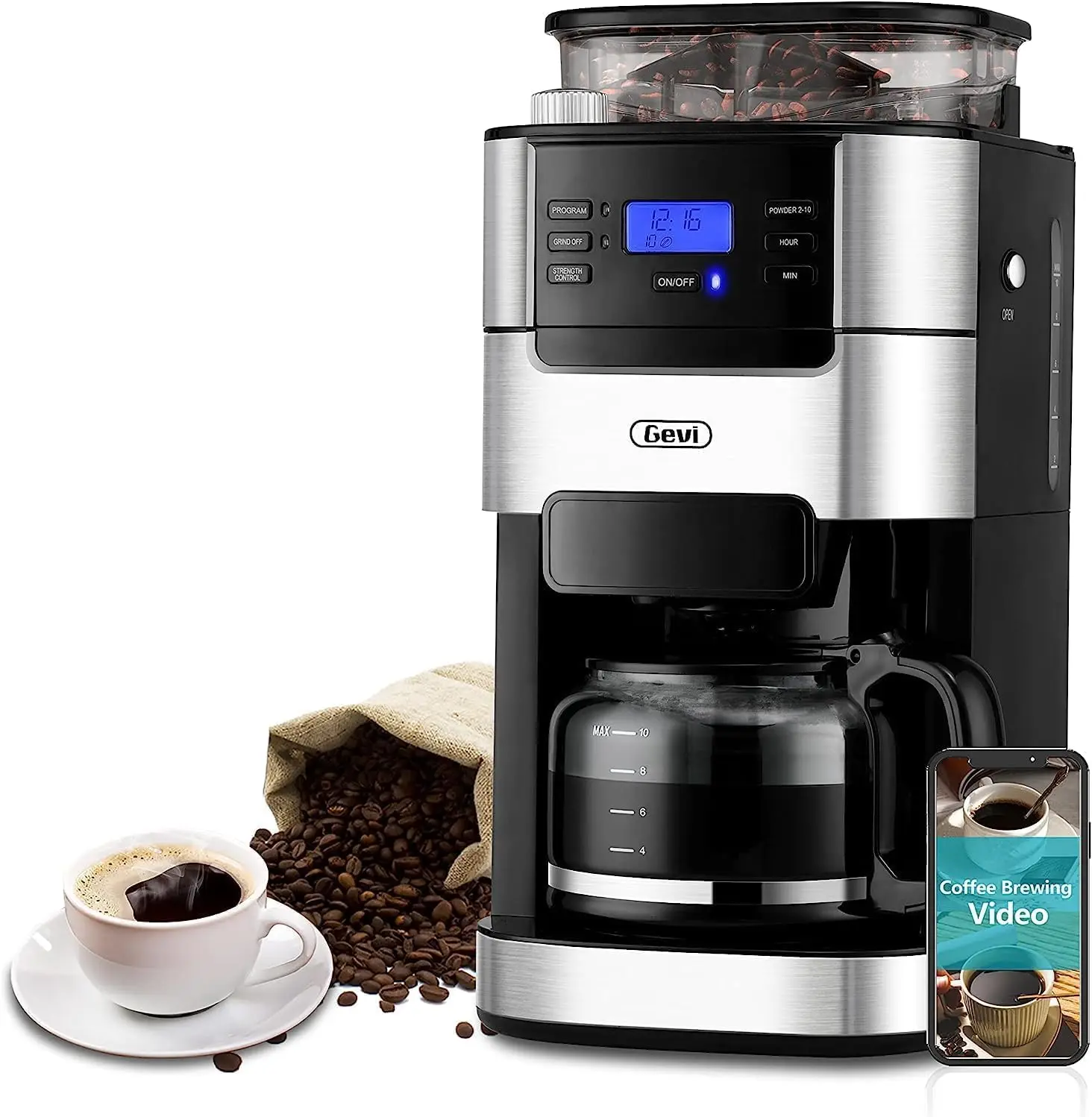 

10-Cup Coffee Maker with Grinder, Programmable Grind & Brew, 1.5L Water Reservoir, Keep Warm Plate Coffee Machine