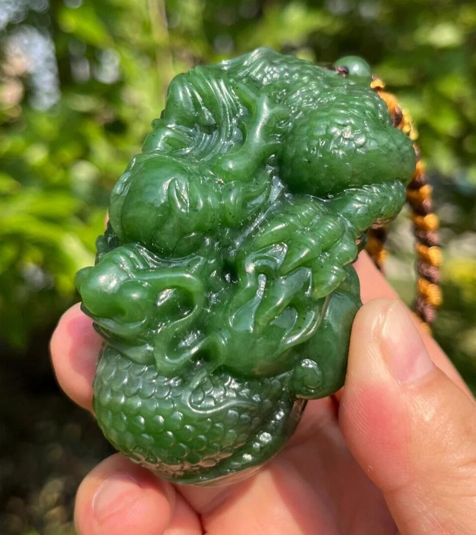 CERTIFIED 217.3g 100% NATURAL GREEN HOTAN JADE HAND CARVED LUCKY DRAGON PENDANT