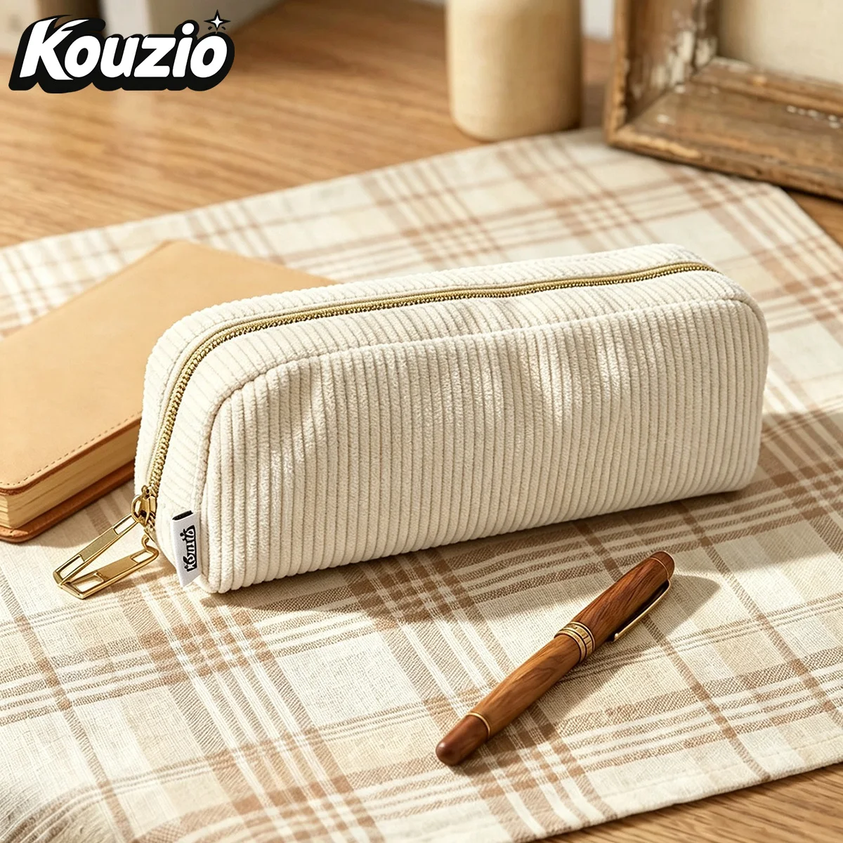 Pencil Case Beige Corduroy Double Zipper Pull Pen Pouch with Mesh Pocket Portable Stationery Organizer for School Office 19 cm