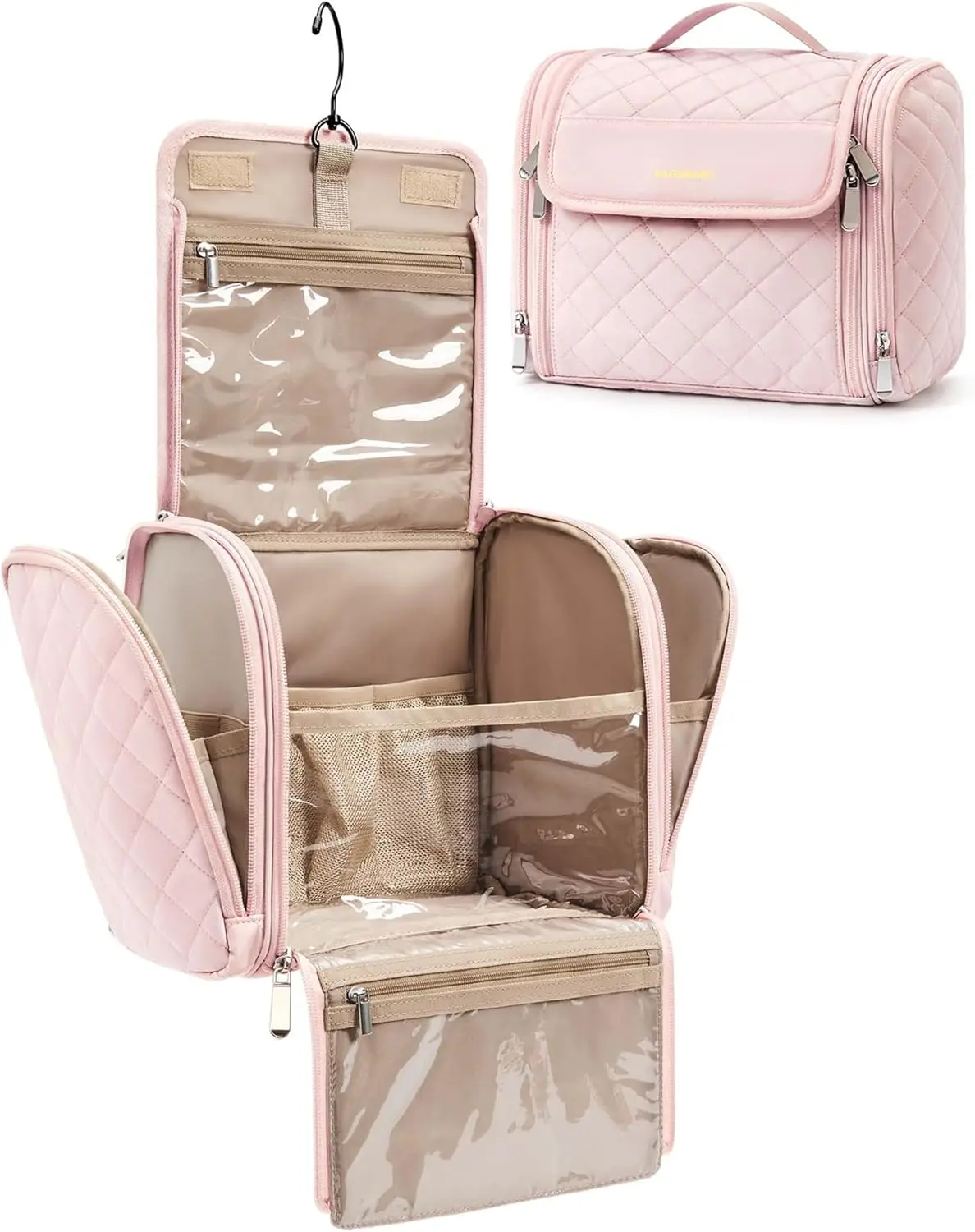 

BAGSMART Makeup Bag for Women with Hanging Hook, Large Portable Capacity Water-resistant Organizer Travel Case for Toiletries and Cosmetics, Pink