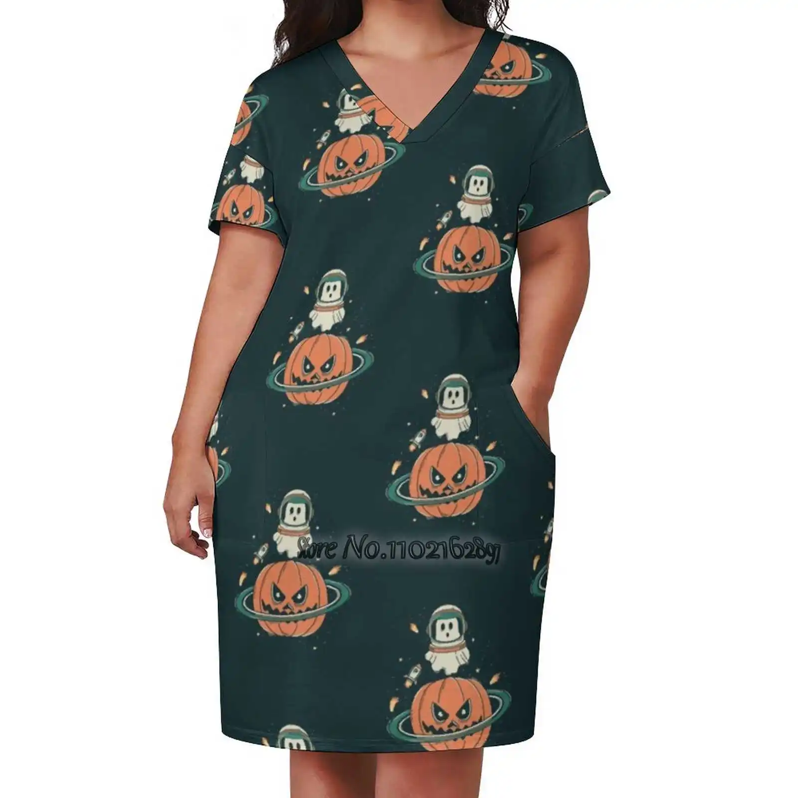 Pumpkin Planet Design Print Dress Short Sleeve V-Neck Fashion Skirt Thin Short Sleeve Skirts Pumpkin Halloween Space Ghost