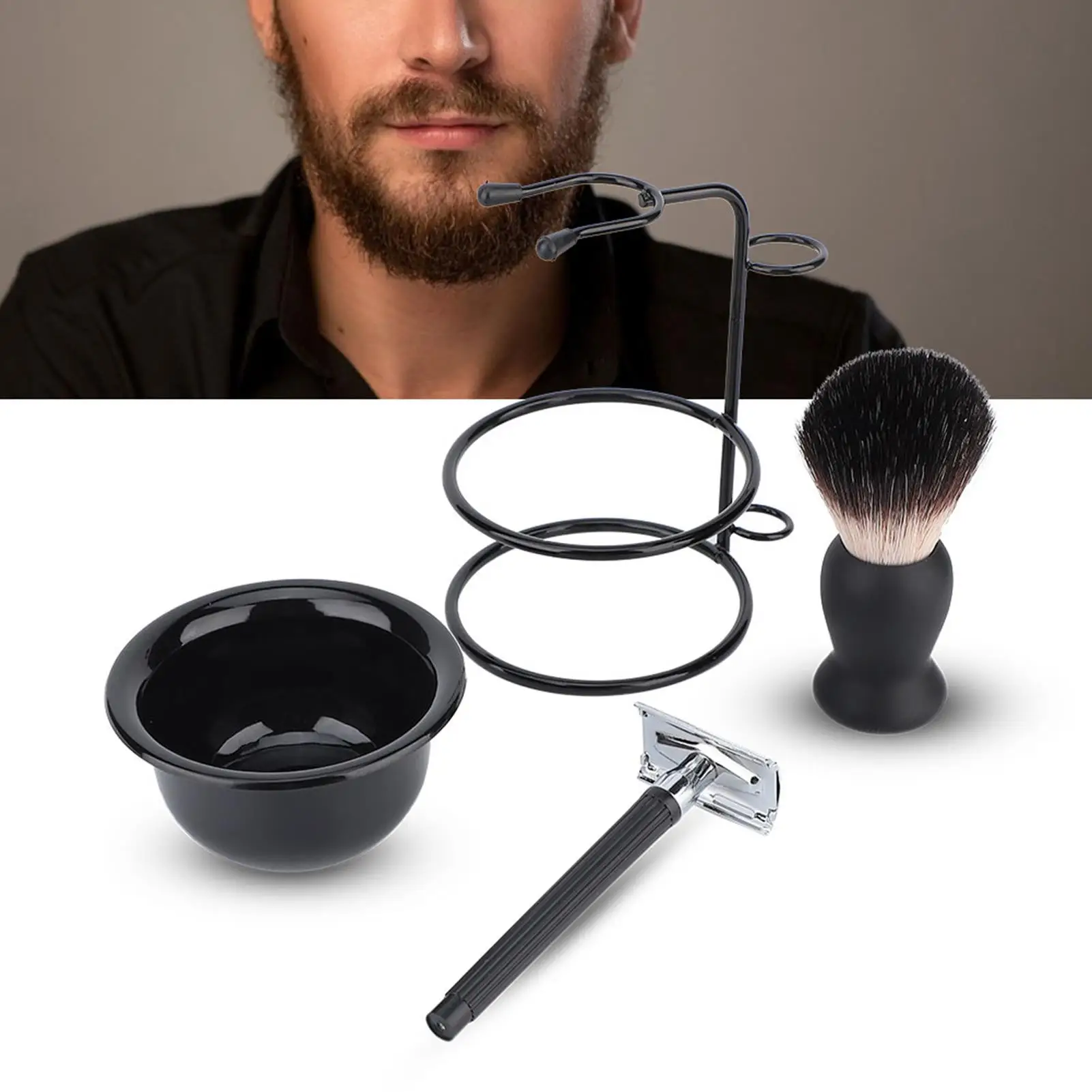 Men's Professional Beard Shaving Set - Safe Brush, Soap, Bowl, Stand & Mustache Tools - Complete Hair Shaving Kit