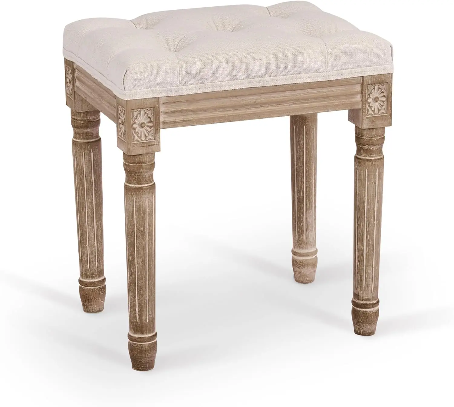 Ottoman Stool, 18.5 in High, Beige, with Padded Seat, Wood Frame, Button Tufted, for Dining, Living Room, Bedroom,Piano,Dressing