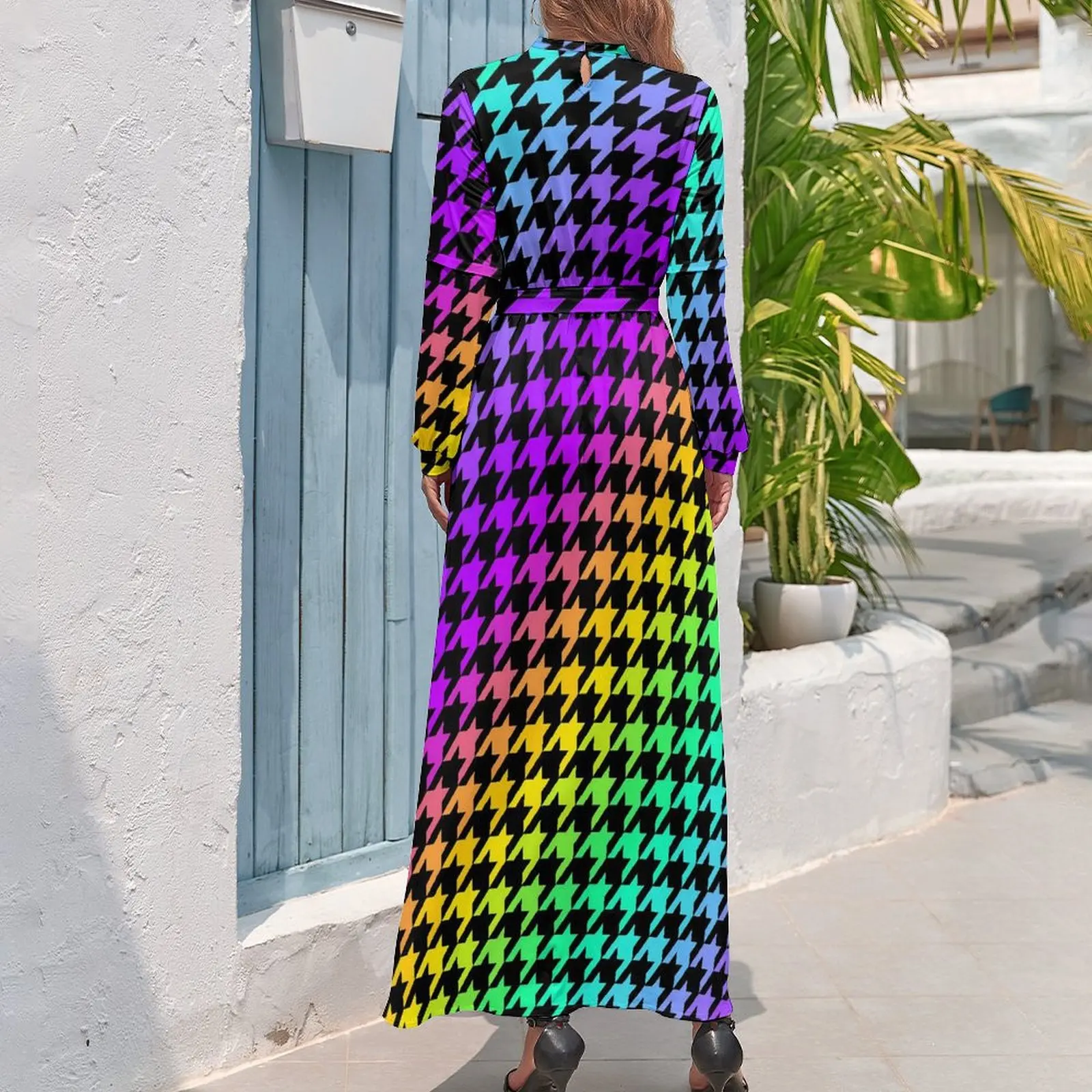 Houndstooth Geruite Jurk Met Geometrische Print Sexy Maxi-Jurk Streetwear Boho Beach Jurken Met Hoge Taille Design Kleding