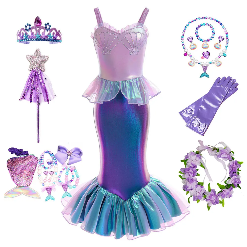 

Disney Fashion Mermaid Dress Party Prom Costume Girls Ariel Carnival Clothing Toddler Princess Role Playing Siren Makeup Cosplay