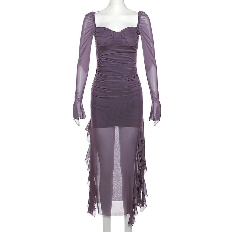 2025 Estate Nuove Donne Abiti Lunghi Moda Sexy Sheer Mesh Abito a maniche lunghe per le donne Y2k Slim Fit Split Ruffle Hem Abiti