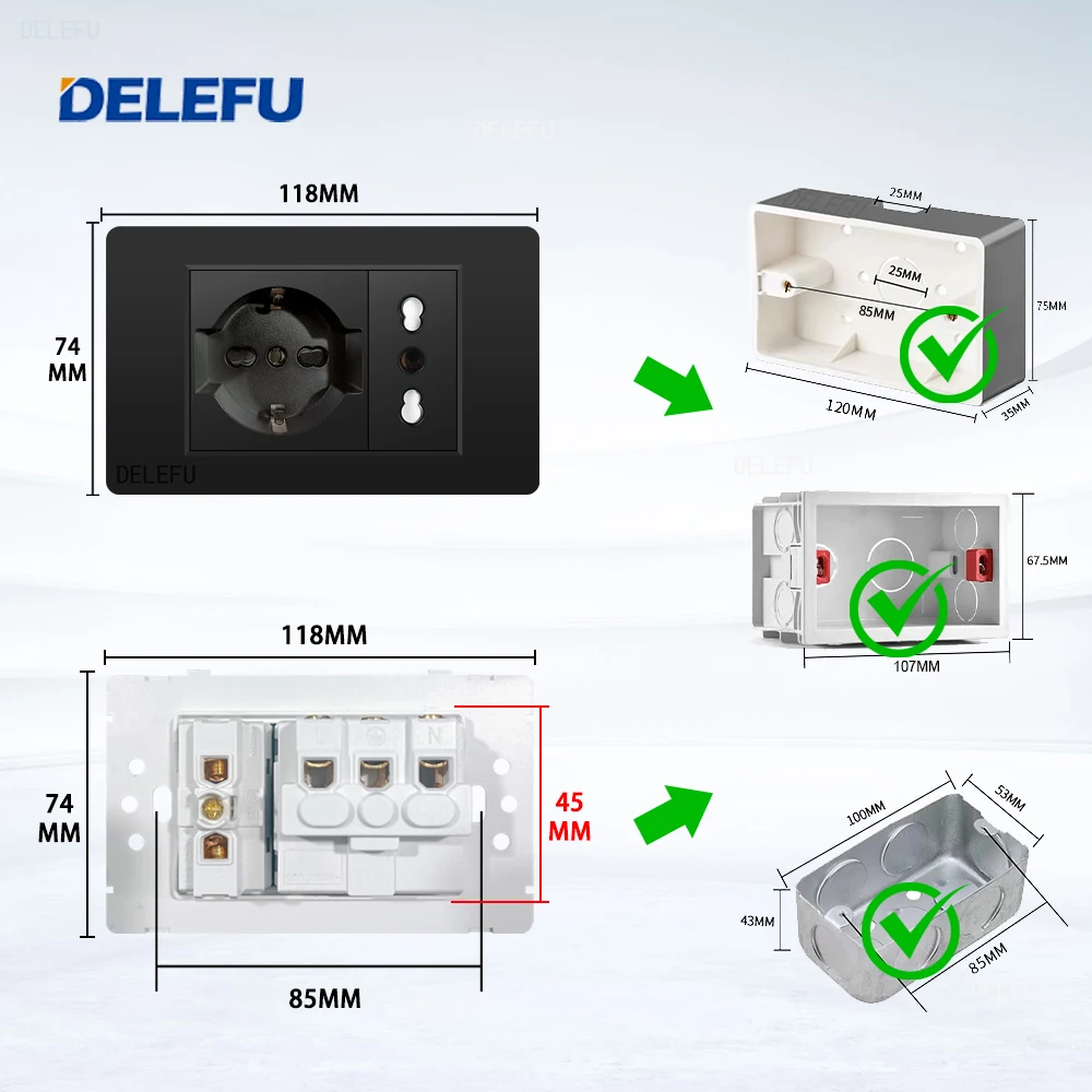 DELEFU-Panel de PC ignífugo, enchufe de pared estándar italiano tipo C, enchufe de la UE, interruptor de luz, TV satelital de Chile, Tel, CAT5, CAT6