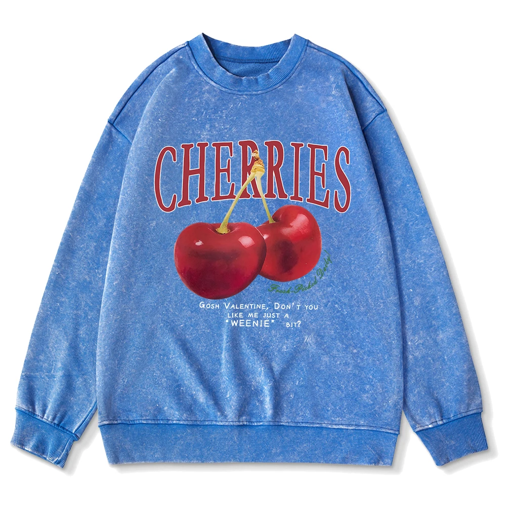 Oversized Women Washed Sweatshirt Fresh Red Cherries Prints Hoodie Autumn Crewneck Cotton Pullover Female Acid Wash Streetwear