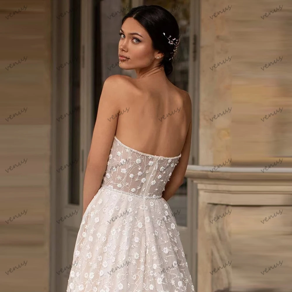 Vintage Wedding Dresses A Line Tulle Tiered Bridal Gowns Lace Appliques Sexy Strapless Backless Vestidos De Novia Customized