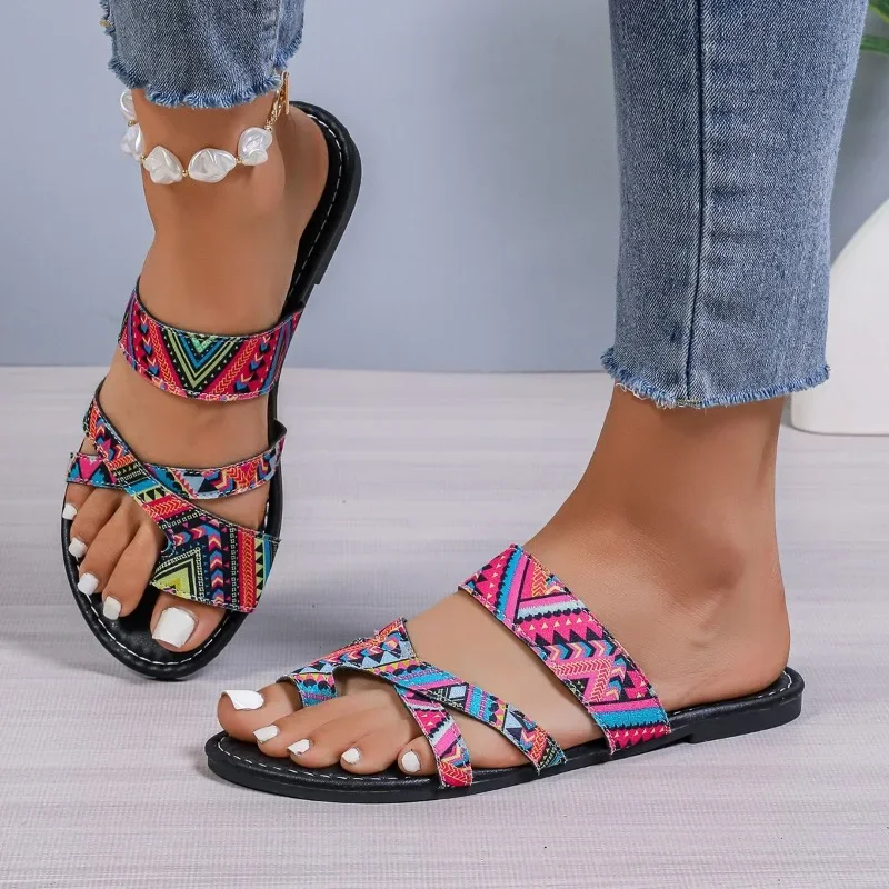 2024 Hot Selling Fashion Printed Versatile Women's Slippers Open Toe Thin Strap Combination Summer Beach Flip-Toe Women's Shoes