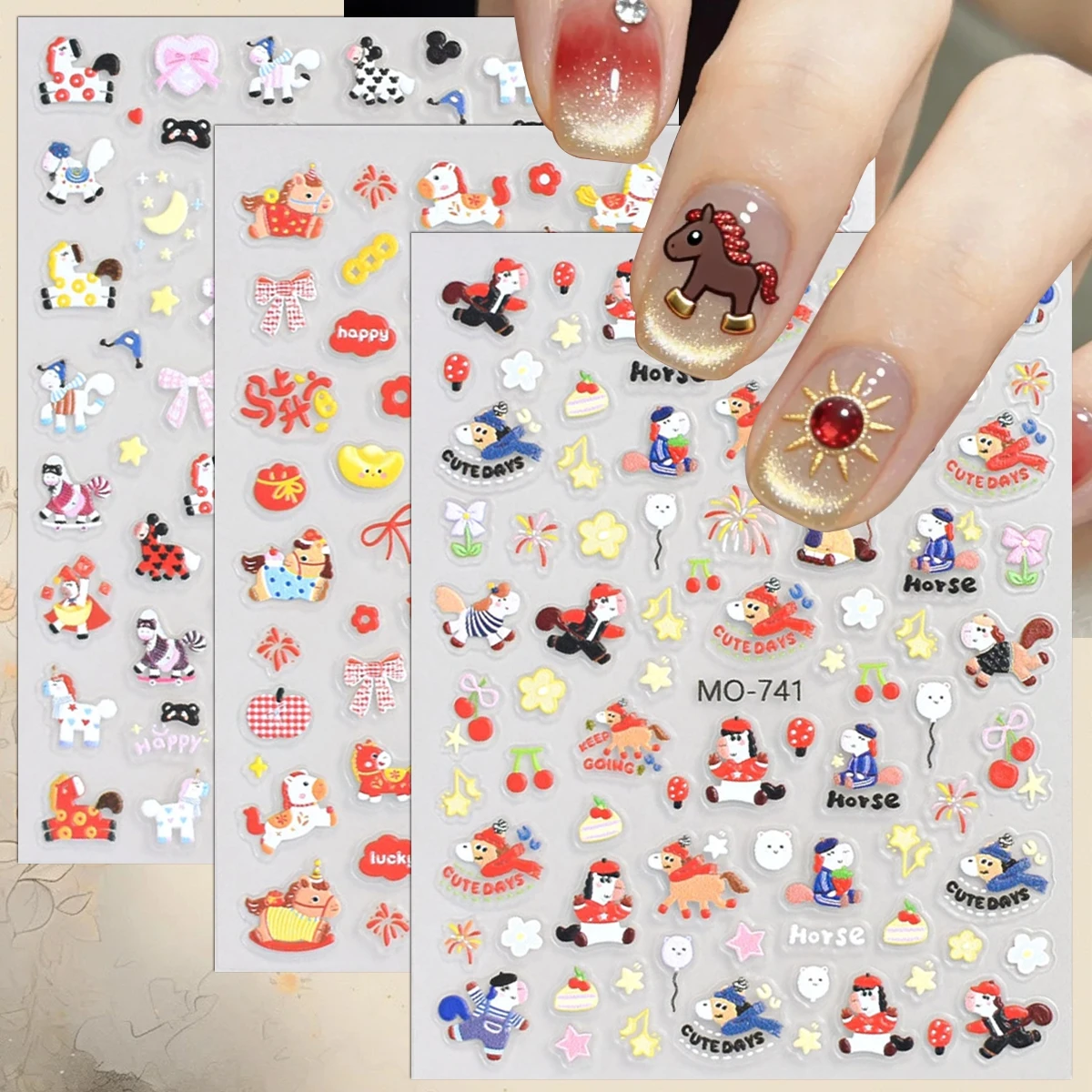 

3 to 12 Sheets 5D Cute Horse Nail Stickers, Cartoon Animal Nail Art Decals, Kawaii Nail Decorations for DIY Manicure