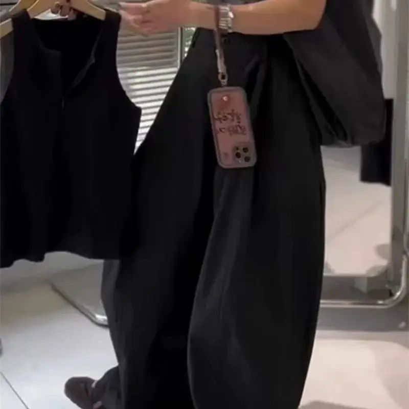 الصيف الكورية موضة مطوي جيب الشارع الشهير بنطلون 234A أسود بنطال ذو قصة أرجل واسعة النساء عالية الخصر عادية فضفاض بالازو السراويل