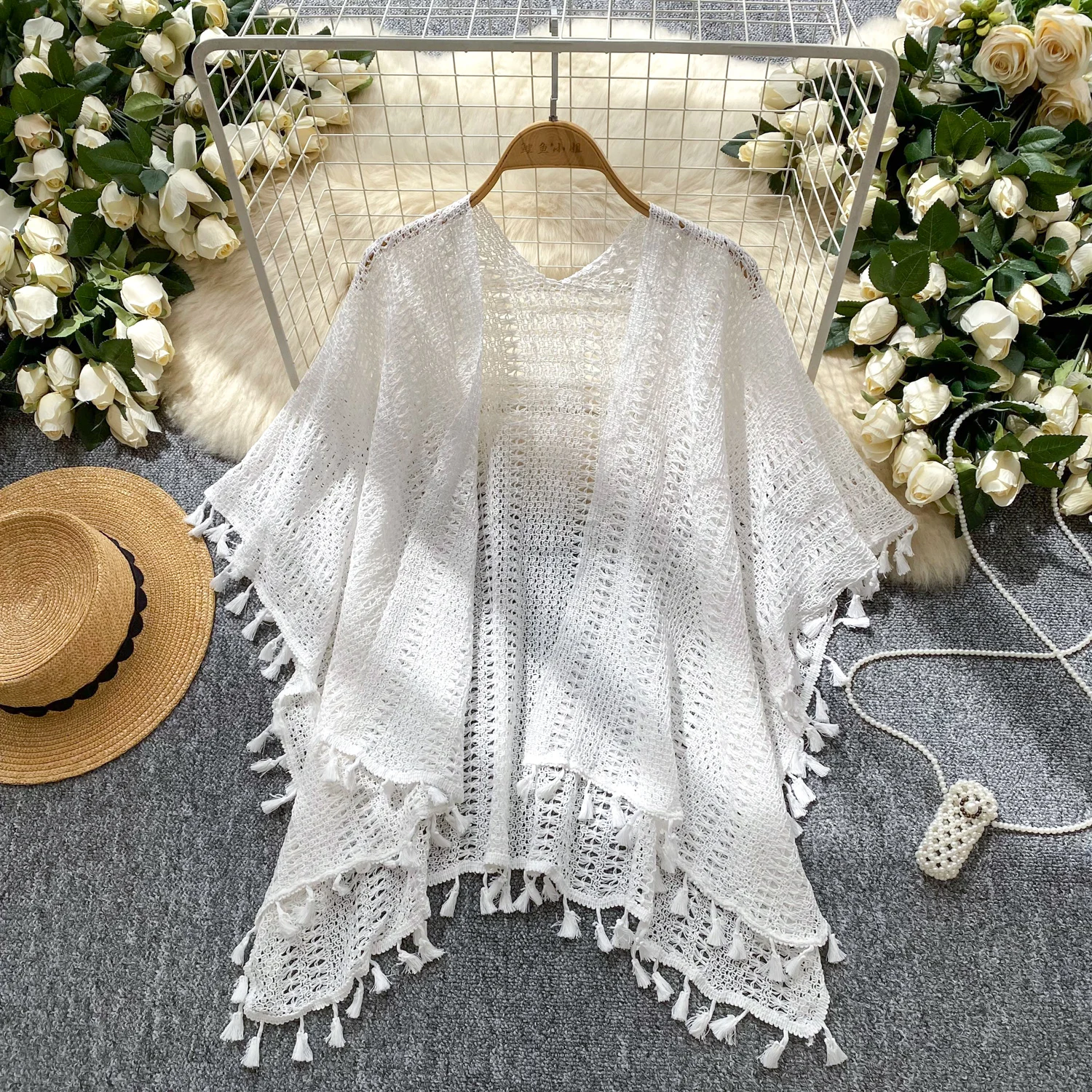 

Женские вязаные крючком богемные рубашки в стиле бохо, тропические этнические кисточки, ажурные накидки, женский пляжный праздничный кардиган, повседневный открытый стежок