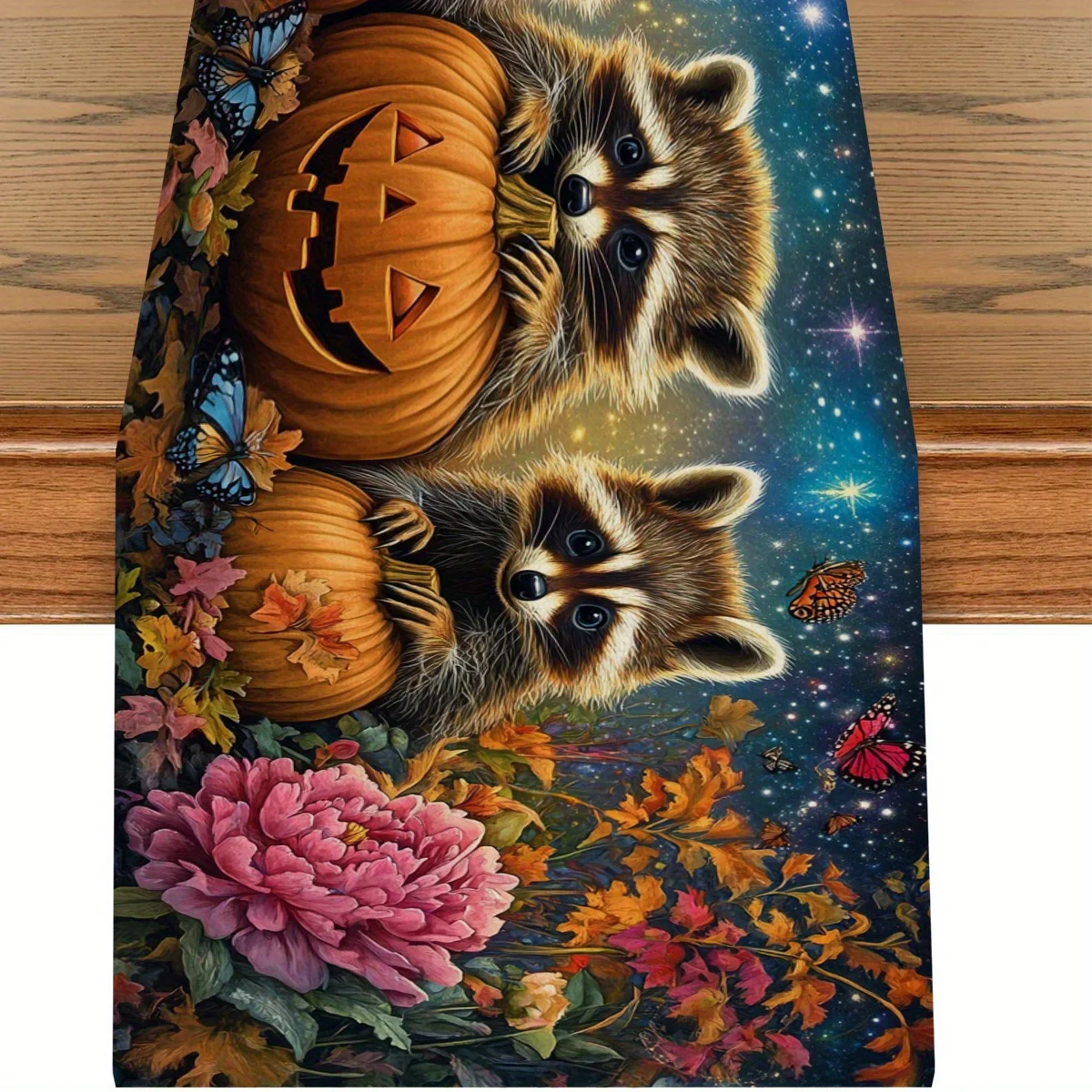 

1Pc Halloween Themed Table Runner with Cute Raccoon Pumpkin, Flowers and Butterflies, Suitable for Parties, Restaurants, Homes, and Markets.