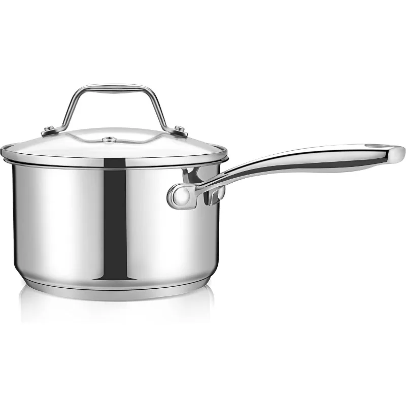 

2 Quart Stainless Steel Pot with Lid - Heavy Duty Saucepan with Ergonomic Handles, For All Cooktops