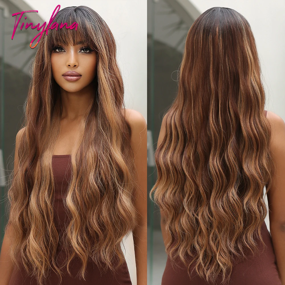 Long Wavy Orange Brown Synthetic Wig with Bangs, Cosplay