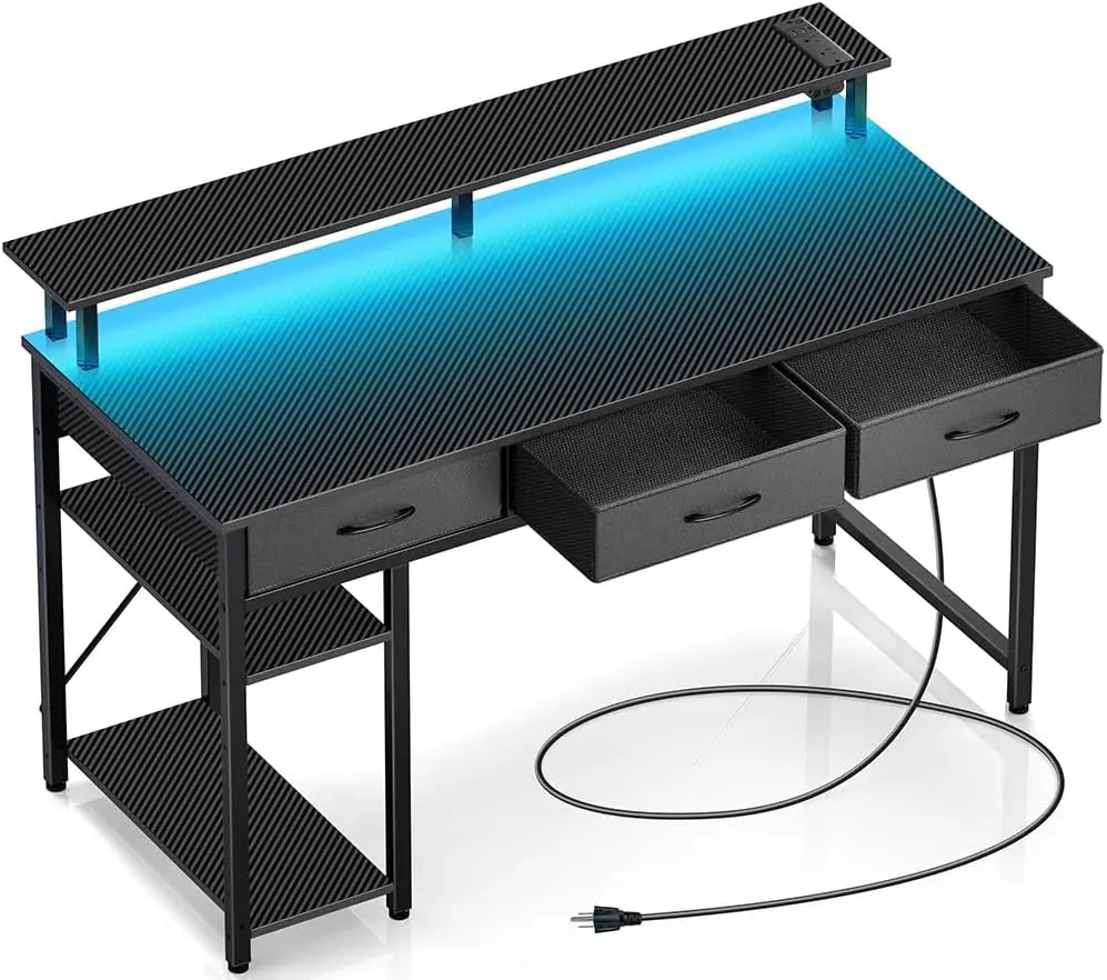 47-inch Computer Desk with Power Outlets, LED Lights, 3 Drawers & Storage Shelves - Modern Home Office Workstation
