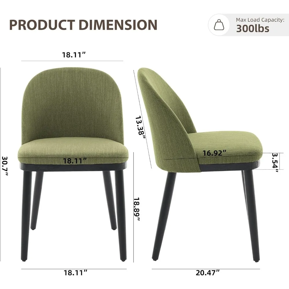Dining Chairs Set of 2 - Linen Seats, Cushioned, Curved Backs, Wooden Legs - Ideal for Dining Rooms, Restaurants, Cafes