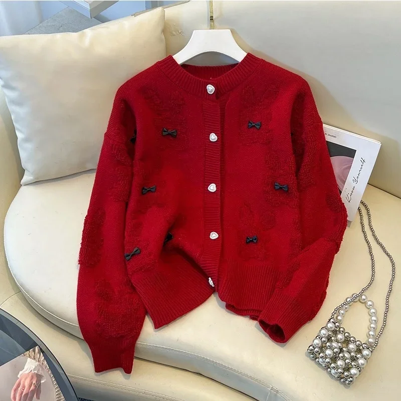 

New Model Thick Princess Sleeve Polo Collar Sweater Pink Knitted Open Cardigan Women's Style Butterfly Knot Versatile