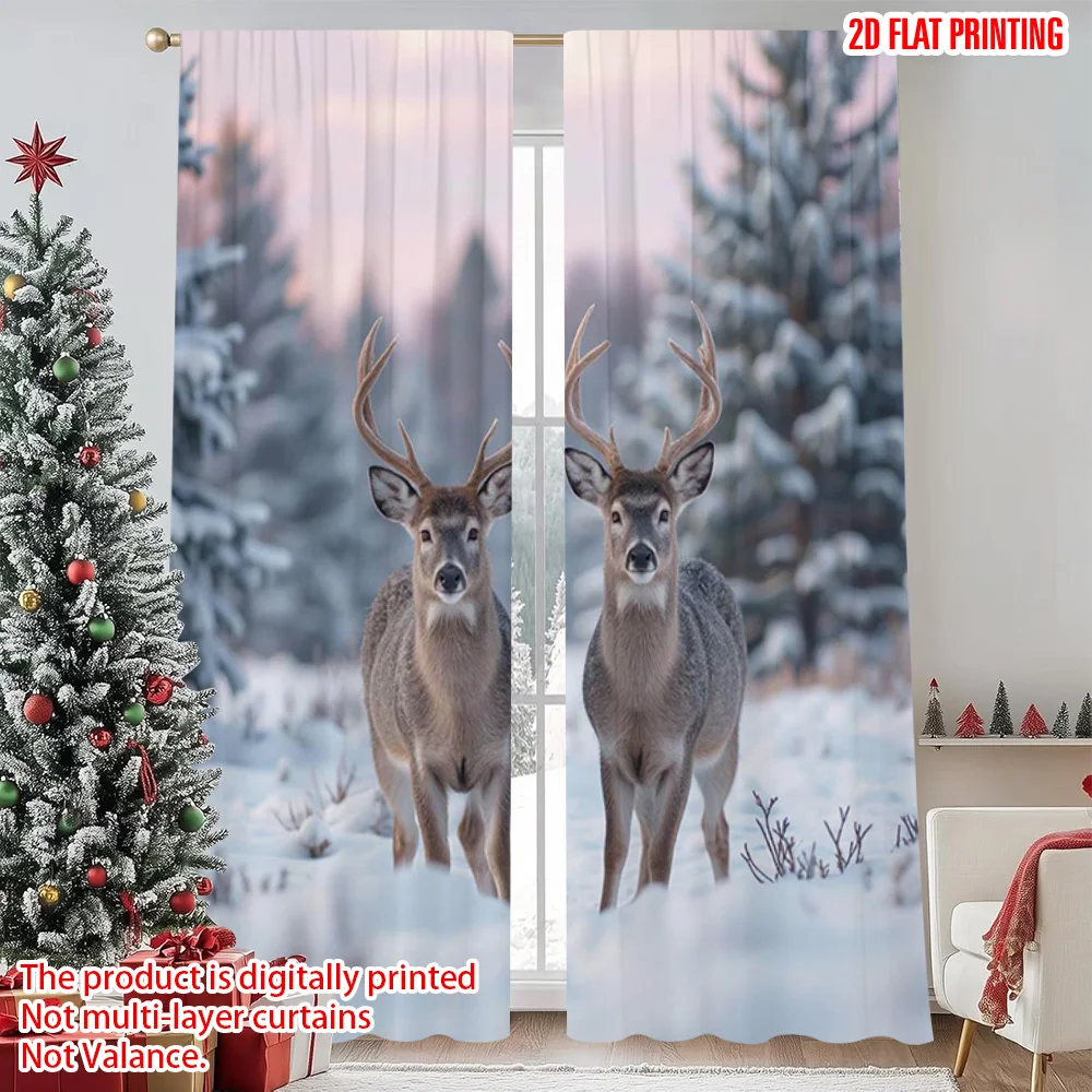 

2pcs 2D flat printing Merry Christmas Popular Curtains Forest deer Machine Washable Fabric Without Electricity Festive Holiday