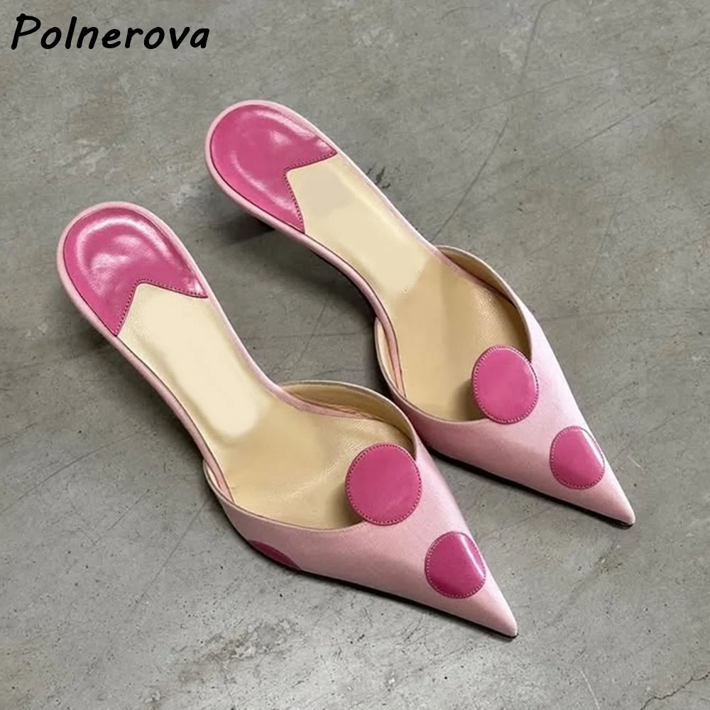 Pink Polka Dot Pointed Toe Shoes Low Kitten Heel Slip-On Sandals Colorful Circle Patches Shoes Elegant Summer Women Shoes