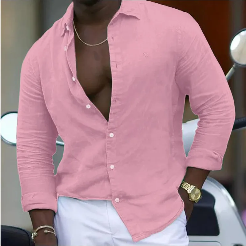 2024 New Men\'s Long Sleeve Shirt Solid Color Casual Fashion Collar Shirts Hawaiian Shirt