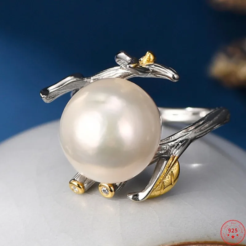 

Genuine S925 Sterling Silver Rings for Women New Fashion Baroque Freshwater Pearl Vintage Branches Leaf Ethnic Style Jewelry