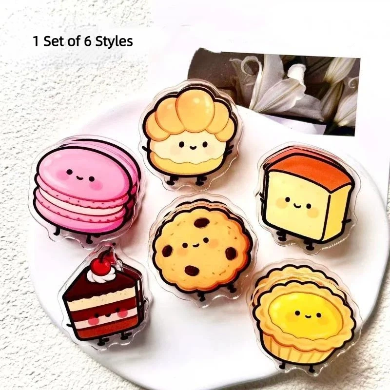 6Pcs/Set Kawaii Cartoon Dessert Acrylic Double-sided Paper Clips Cute Food Pattern Journal Decor Clips Office Stationery