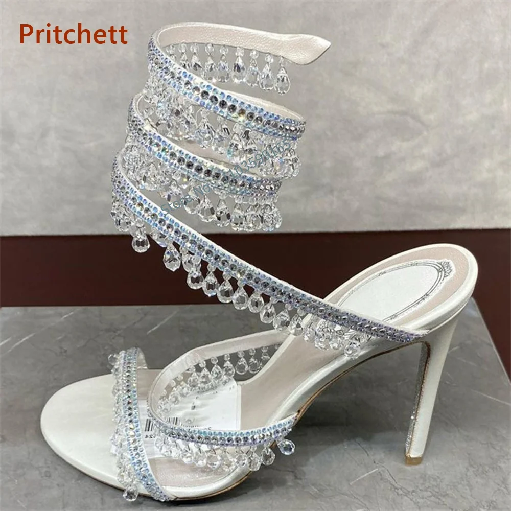 Round Toe Crystal Snake Strap Pumps High Heels Straight Strap Luxury Bling Shoes Summer Elegant Runway Stiletto Shoes New