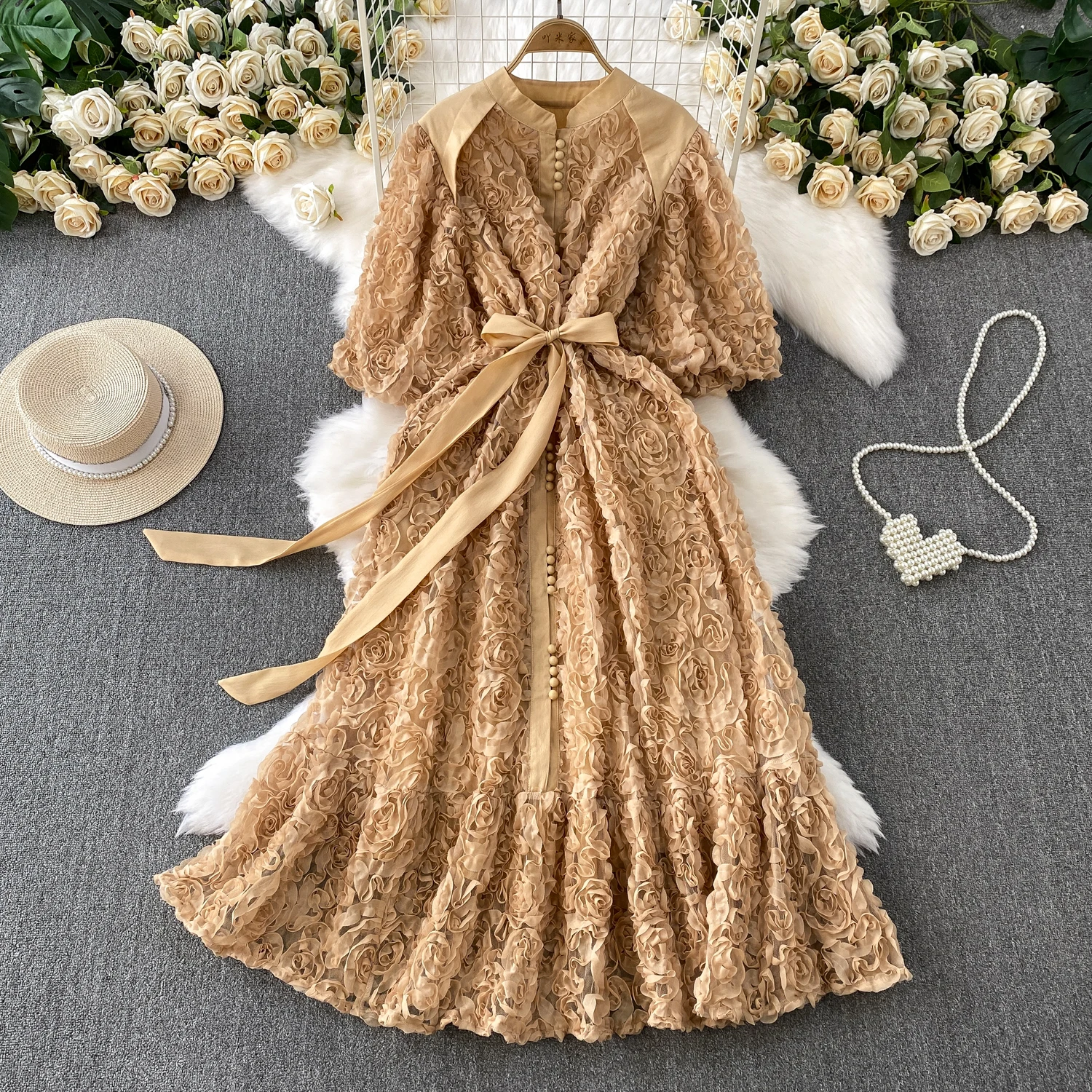 فستان أنيق ثلاثي الأبعاد بأكمام منتفخة على شكل زهرة للنساء فستان صيفي أنيق مكشكش للأميرة بمزاج متين #6