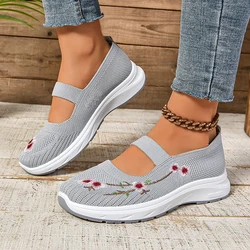 Knitted Embroided Floral Flat Platform Loafers Women Breathable Mesh Slip On Sneakers 2024 Autumn Patchwork Shallow Shoes